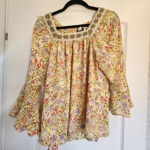 The Pioneer Woman Yellow Floral Square-Neck Blouse with Lace Trim L Euc